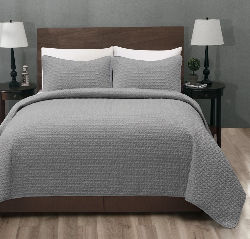 Madison Quilted Bedspread Set, Light Grey Coverlet Light Weight Bed